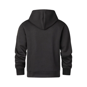 Detail view of the plain black hoodie back showing ribbed hem and soft knit texture