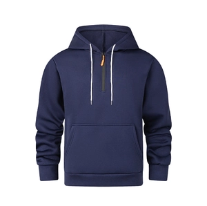 Detail of navy blue hoodie with half-zip orange zipper and white drawstrings