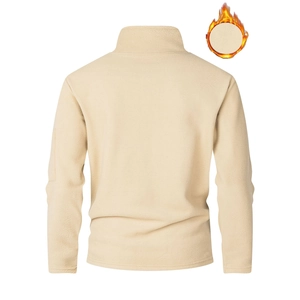 Men's thermal fleece sweatshirt with half-zip stand collar in beige, back view display