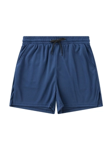 Men's breathable mesh athletic shorts in navy blue with elastic waist and drawstring