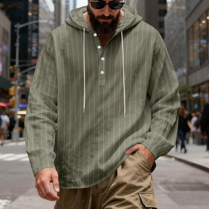 Olive green men's hooded linen shirt with white vertical stripes and button placket