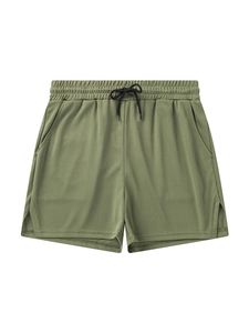 Men's olive green breathable mesh athletic shorts with elastic waistband and drawstring