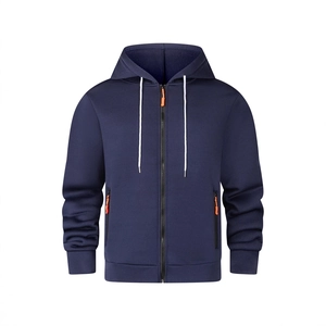 Felpa blu navy da uomo con cappuccio e zip con dettagli arancioni e tasche laterali