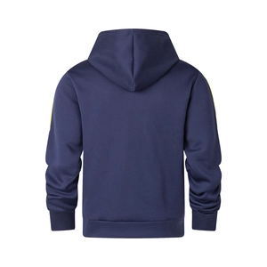 Men's navy blue hoodie with yellow side stripes and double-layer hood back view