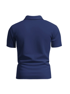 Rear view of slim fit navy blue short sleeve polo shirt with premium knitted texture