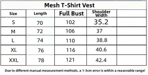 Size chart detail for men's quick-dry breathable sports vest with measurements in cm