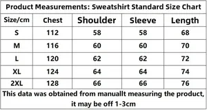 Detailed size guide table for men's fashion hoodies with chest and length measurements