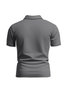 Rear view of deep grey men's slim fit polo shirt featuring neat stitching and flat collar