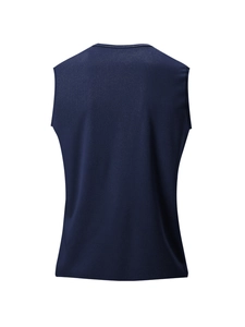 Rear view of dark blue breathable mesh sports vest with quick-dry performance fabric