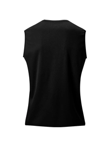 Rear view detail of black quick-dry breathable mesh sports tank top with reinforced edges