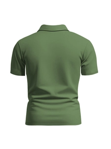 Men's olive green slim fit polo shirt made of pique cotton fabric shown from the back