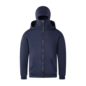 Détail d'un cardigan à capuche bleu foncé avec masque intégré et fermeture éclair en métal