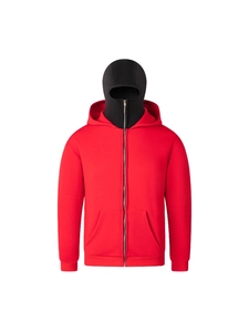 Sweat à capuche rouge pour homme avec masque cagoule noir intégré et zip métallique