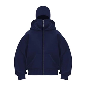 Detail of navy blue hoodie featuring integrated balaclava mask and full-zip design