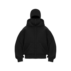 Detail of a heavy black hoodie featuring a built-in balaclava mask and full-zip design