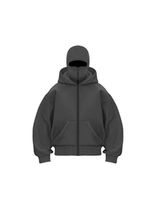 Men's oversized black full-zip hoodie with integrated balaclava mask and heavy cotton texture