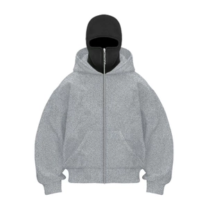 Detail of grey zip-up hoodie featuring a built-in black balaclava mask and thick texture