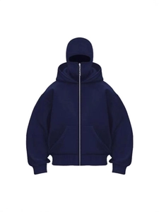 Men's navy heavyweight double-hooded balaclava zip hoodie with full-face coverage design