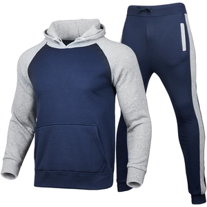 Navy and grey two-piece men's hooded tracksuit with drawstring hoodie and jogger pants