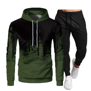 Men's slim fit sports tracksuit set with hooded green gradient print and black pants