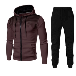 Men's tracksuit set with zip hoodie and joggers in maroon and black color scheme