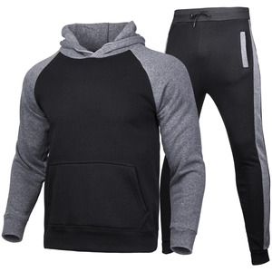 Men's two-piece black and grey hooded tracksuit with kangaroo pocket and joggers