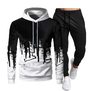 Men's two-piece hoodie and jogger tracksuit with creative black and white abstract print