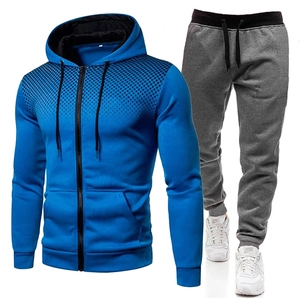 Men's royal blue hooded tracksuit set with black gradient jacket and grey sweatpants