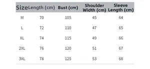 Tableau des tailles de sweat à capuche homme M à 3XL avec mesures de buste et manches