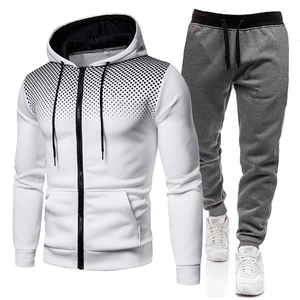 Men's hooded tracksuit with white gradient zip jacket and dark grey athletic pants
