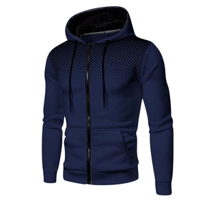 Men's navy blue zip-up hoodie with black gradient dot pattern and drawstring hood