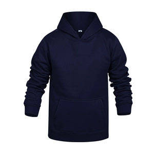 Close-up of drawstring hoodie with front kangaroo pocket and rib-knit cuffs in navy blue