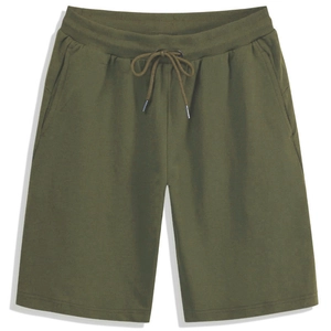 Men's olive green casual sports shorts with elastic drawstring and side pockets