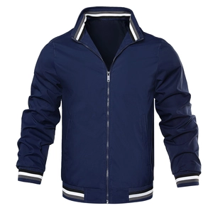 Men's navy blue windbreaker jacket with striped ribbed collar and zipper closure