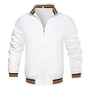 Men's solid white windbreaker jacket with striped ribbed collar and sleeve cuffs