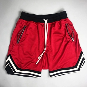 Men's mesh quick-dry basketball shorts in red with side stripes and zip pockets