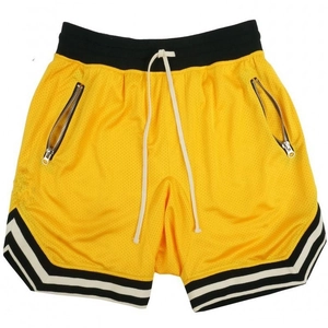 Bright yellow mesh basketball shorts with zipper pockets and retro striped hem details