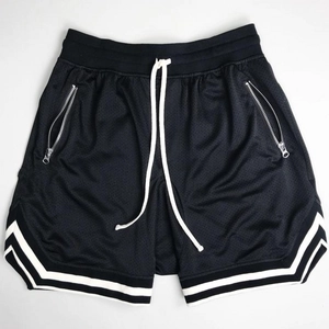Men's breathable mesh athletic shorts in black with white drawstrings and side zip pockets