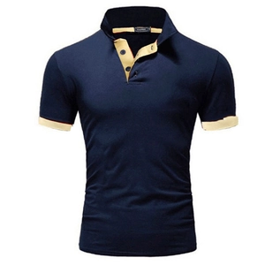Navy blue men's short-sleeve polo shirt with beige contrast collar and slim fit cut