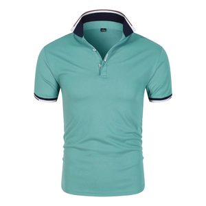 Polo da uomo in cotone verde chiaro con colletto e polsini a righe blu navy e bianche