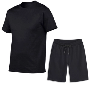 Herren Freizeit-Set aus schwarzer Baumwolle mit Kurzarm-T-Shirt und Kordelzug-Shorts