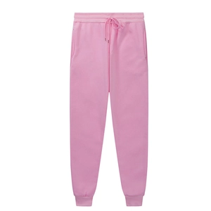 Detailed view of pink fleece joggers featuring drawstring waist and ribbed cuffs