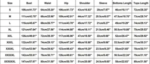 Detailed men's polo set size guide chart showing S to 6XL measurements in cm and inches