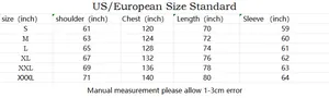 Detailed US and European size chart for unisex zip-up hoodie showing S-XXXL measurements