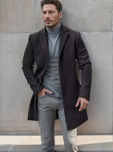 Vue détaillée de la texture en laine et du col à revers du manteau d'hiver pour homme