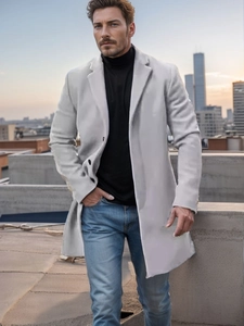 Manteau classique en laine gris clair avec revers et boutonnage simple pour hommes
