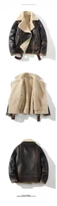 Detail of men's faux leather shearling jacket with warm lining and moto lapel