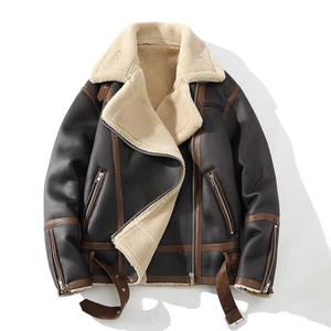 Men Vintage Faux Leather Jacket Thick Sherpa Lined Winter Motorcycle Coat B3 Flight Style Warm Lapel Zip Brown Outerwear