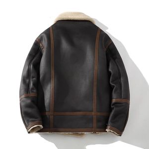 Men's dark brown faux leather shearling jacket with warm faux fur lining and back detail