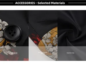 Detail of floral jacquard fabric and resin button on a slim fit business blazer